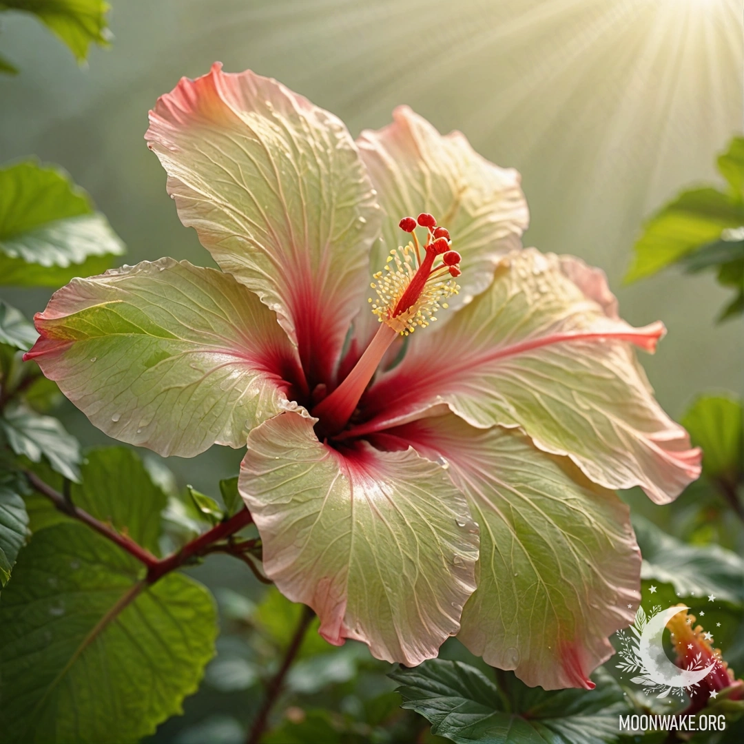 A serene hibiscus flower surrounded by mist and sunlight.
