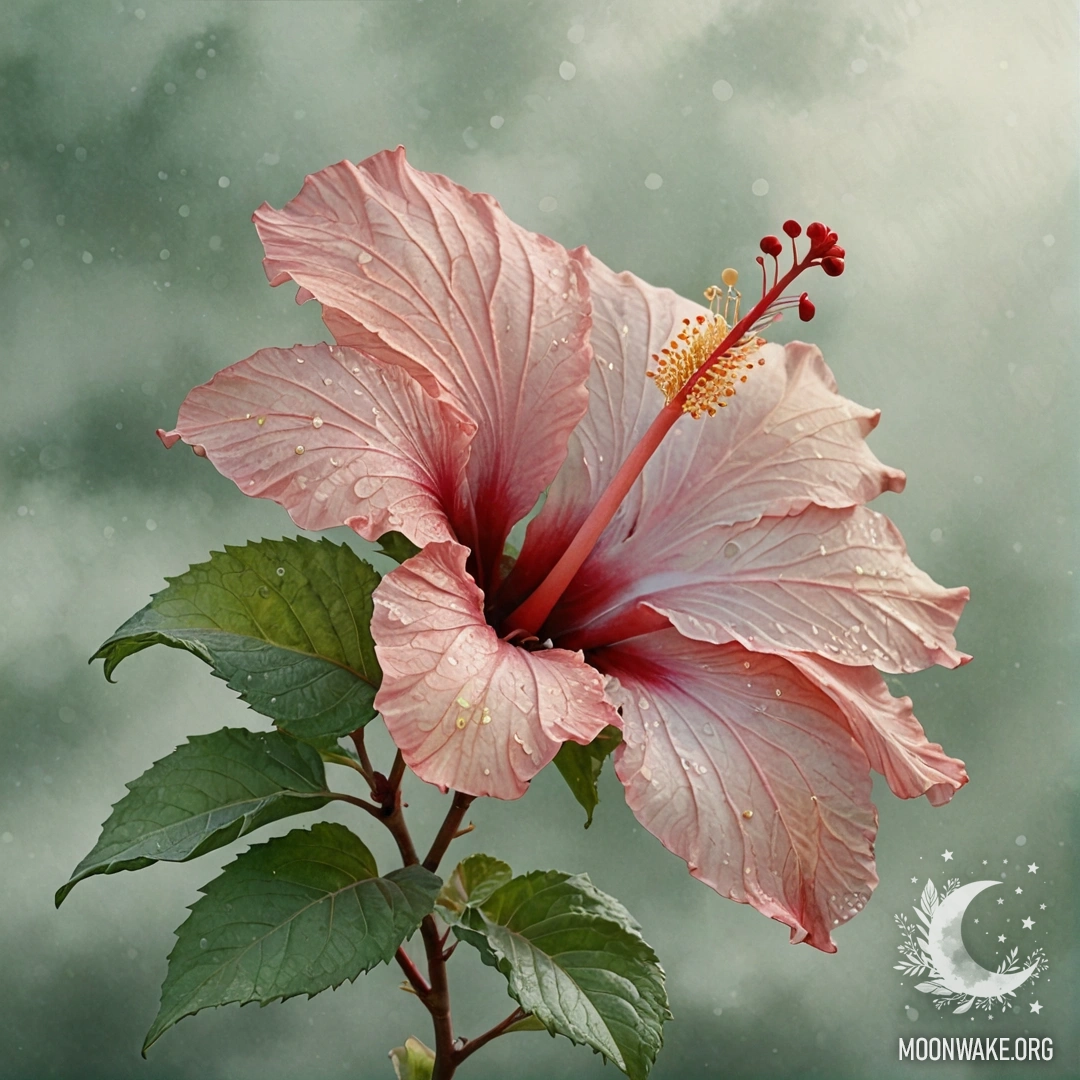 A peaceful hibiscus flower surrounded by mist and glitter, in soft sage color.