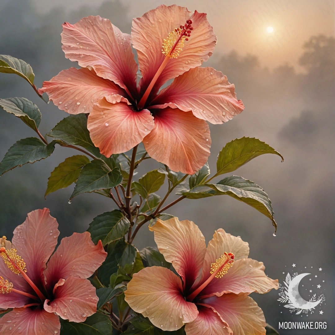 Peaceful Hibiscus in the Fog at Sunset A watercolor painting of a hibiscus flower in fog at sunset, adorned with rhinestones, in olive color.