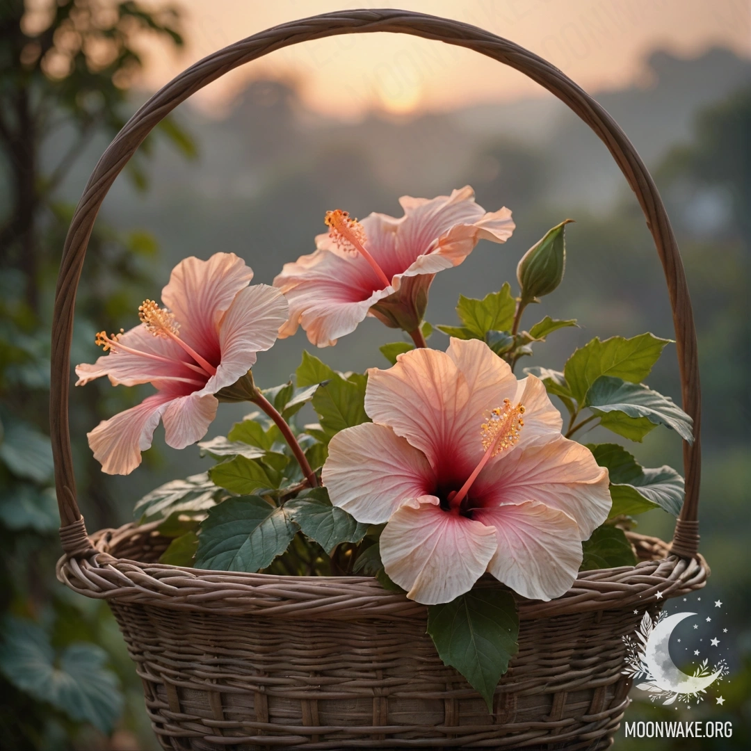 Peaceful Hibiscus in the Mist at Sunset A serene hibiscus flower in a basket engulfed by mist at sunset.