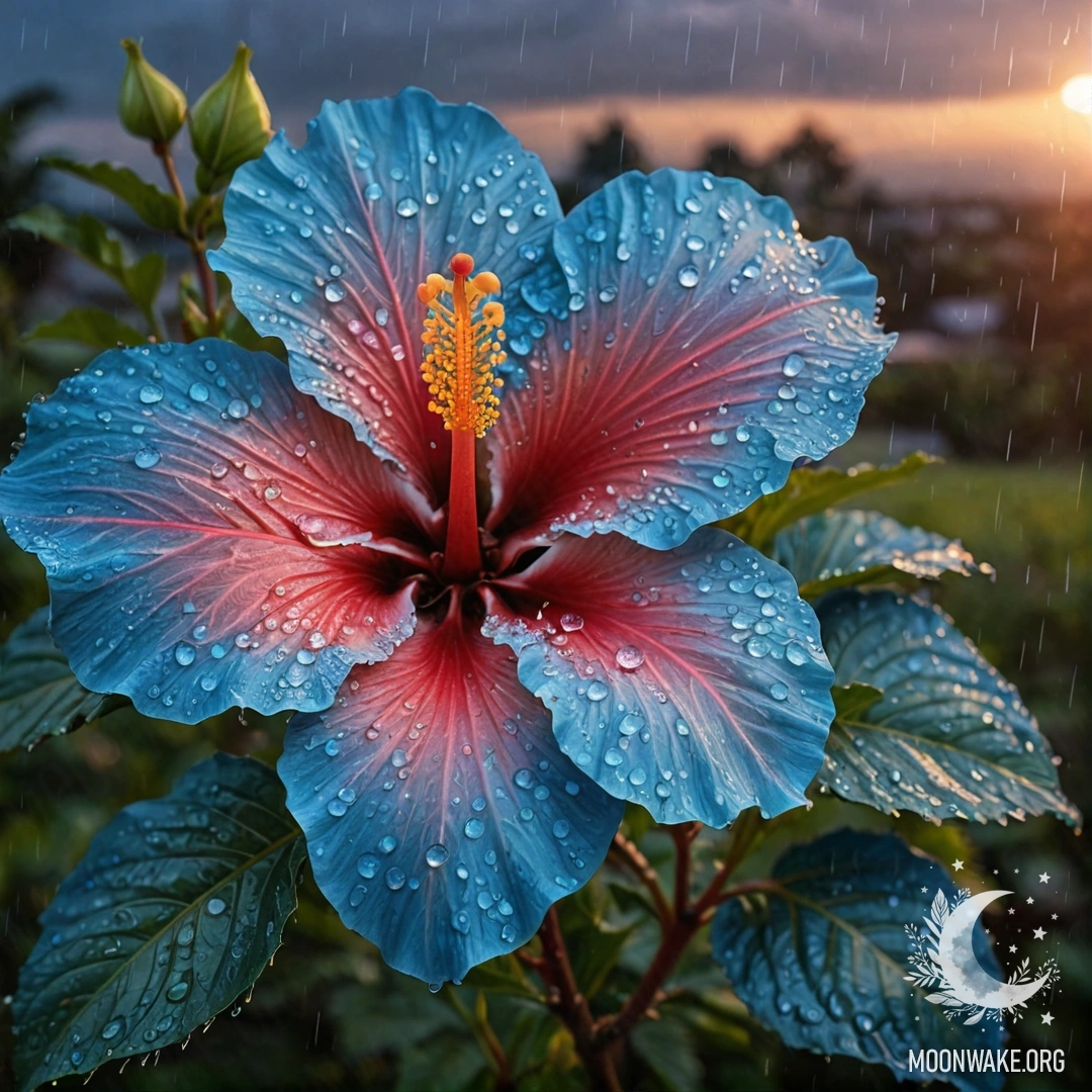 Peaceful Hibiscus Under Sunset Rain A blue hibiscus flower glistening with rain at sunset.