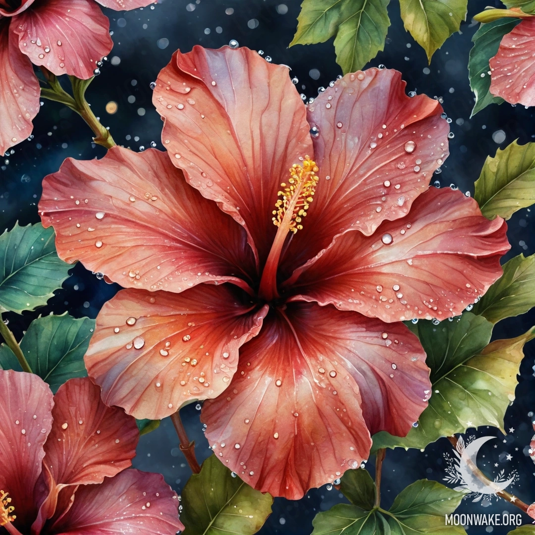 A peaceful hibiscus flower adorned with dew drops at night, reflecting sea wave colors.