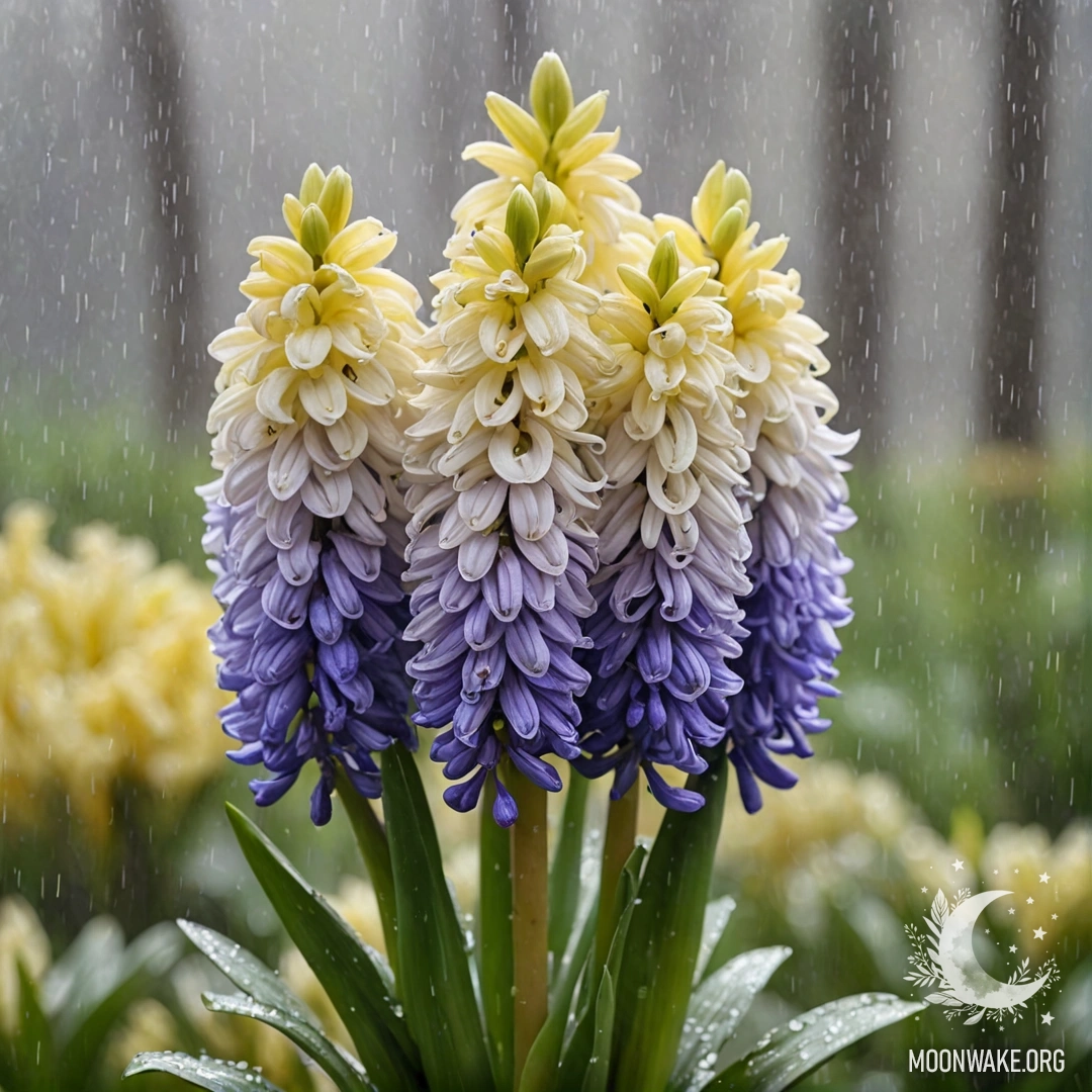 Peaceful Hyacinth Bouquet in Mist A bouquet of cream yellow hyacinths surrounded by mist and rain.