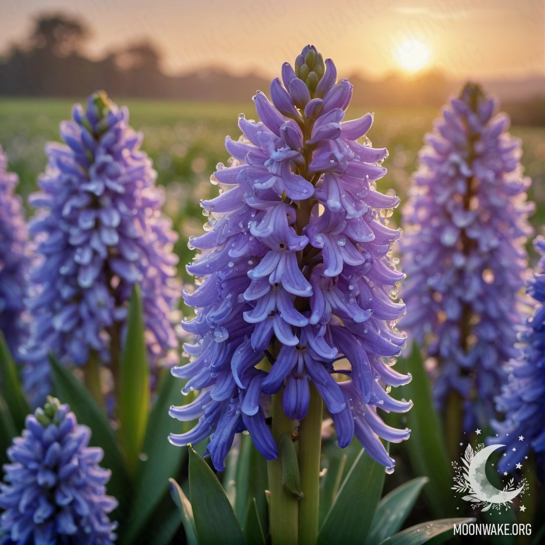 Serene Hyacinth with Dew Drops at Sunset A peaceful hyacinth with dew drops shimmering in the sunset light.