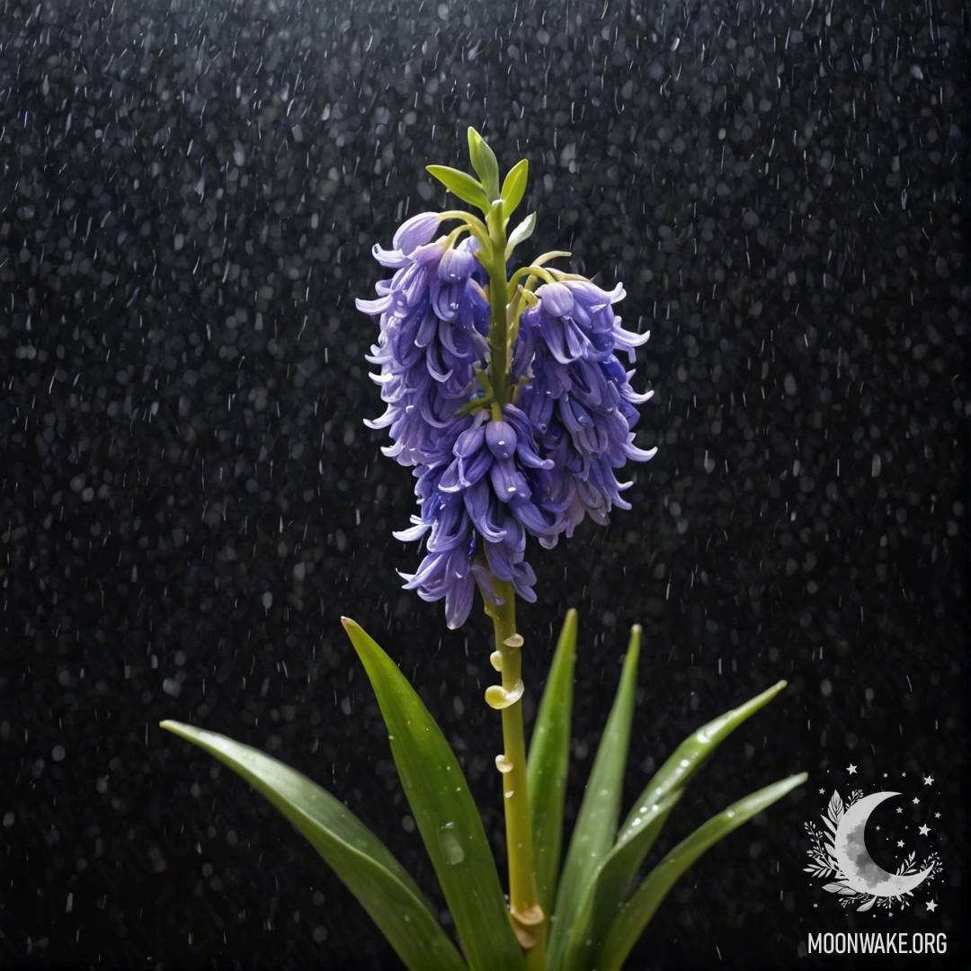Peaceful Hyacinth in Raindrops at Night A hyacinth flower with raindrops on its petals against a night background.