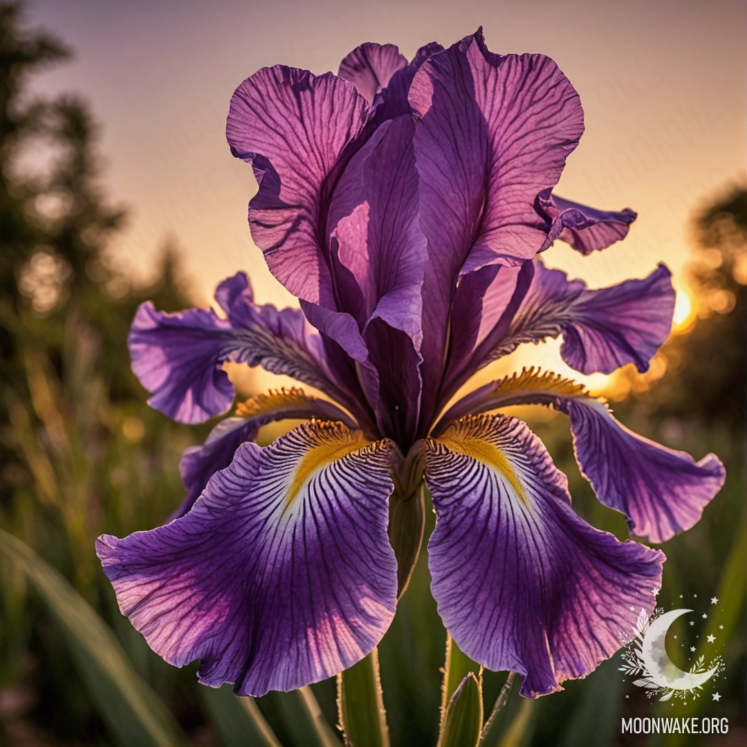 A fuchsia vase holding a peaceful iris with a web at sunset.