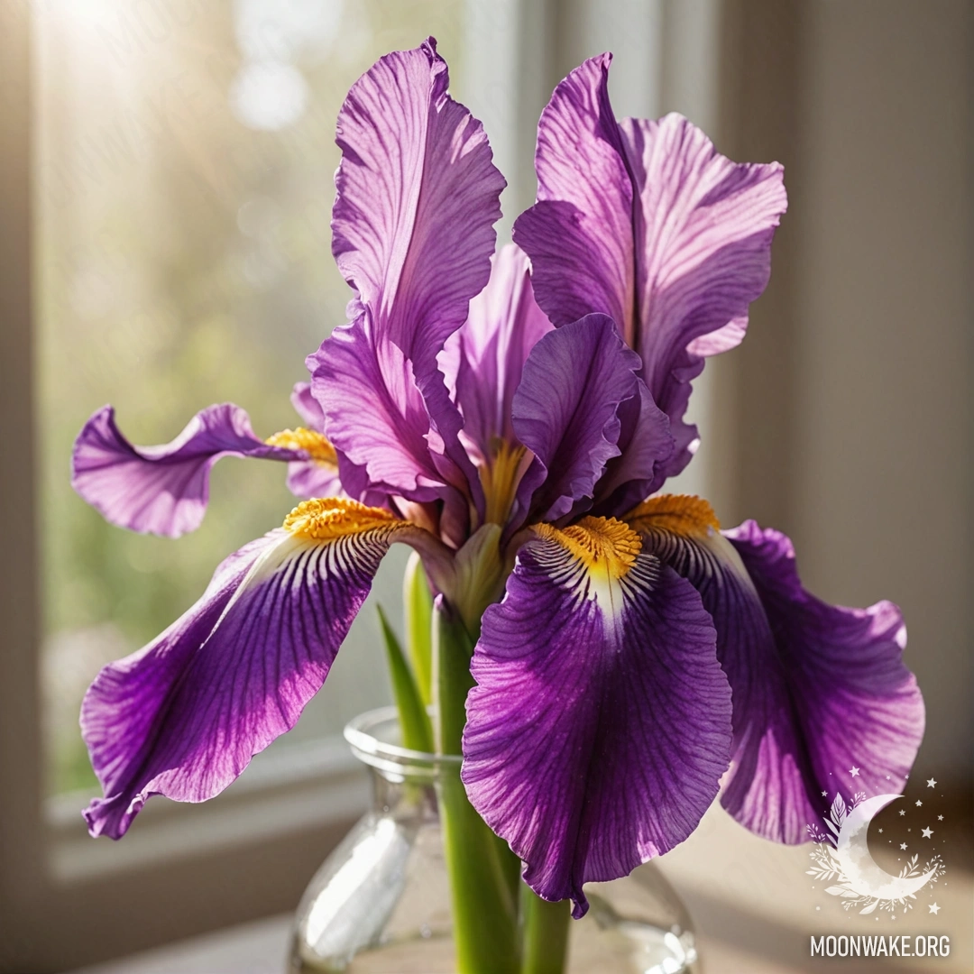 A vibrant iris flower basking in sunlight, placed in a fuchsia vase.