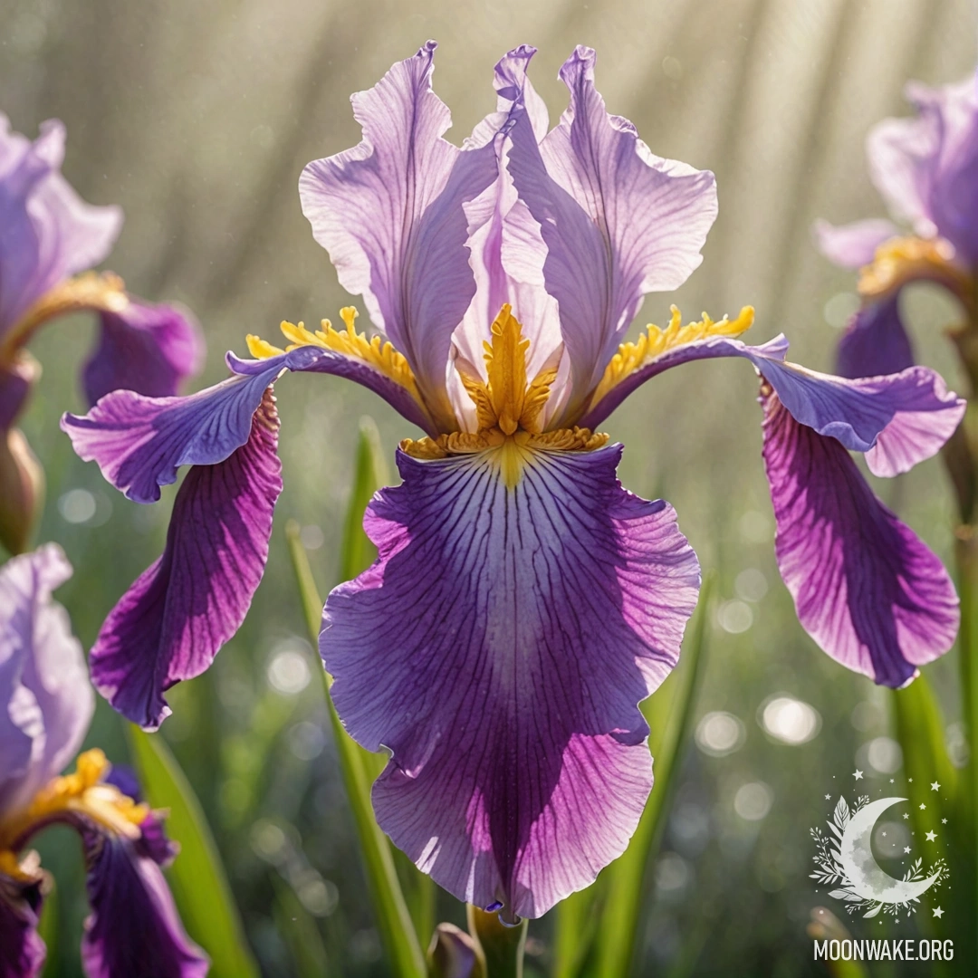 A serene iris emerges through soft mist, illuminated by sunlight against a fuchsia background.