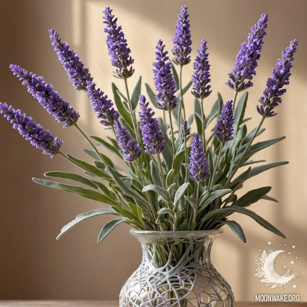 A painting of peaceful lavender and a web in a sage-colored vase.