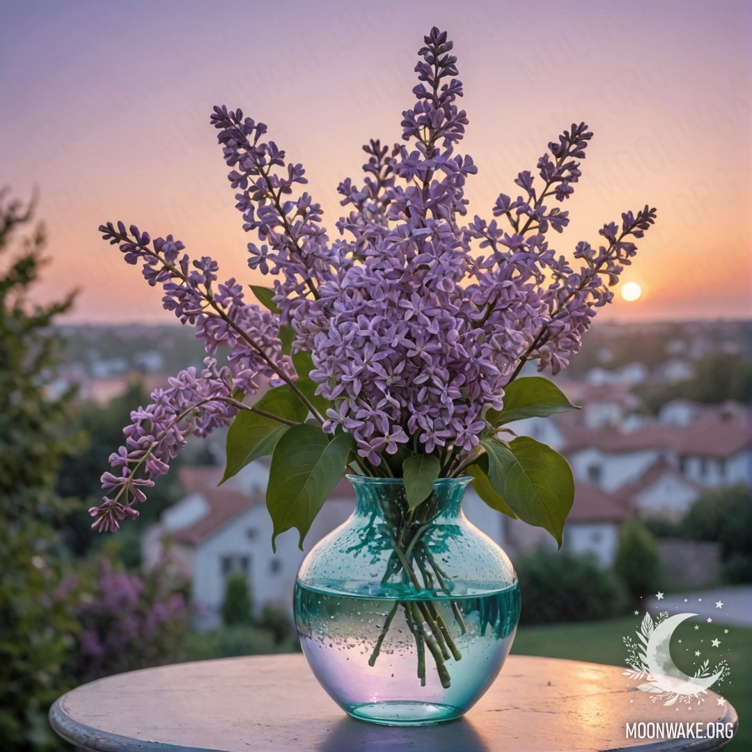Serene Lilac Blooms in Aquamarine Vase A peaceful lilac bouquet in an aquamarine vase at sunset.