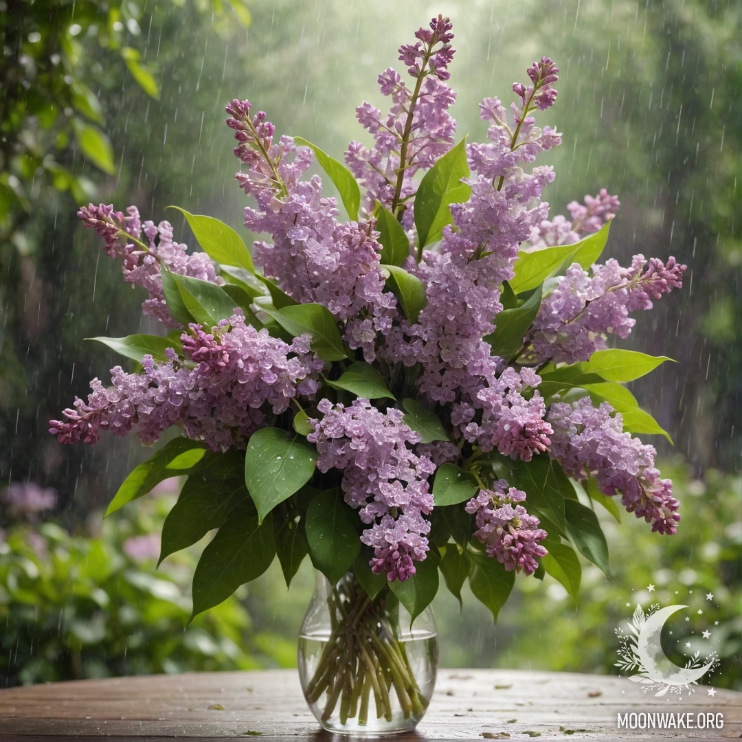 A serene bouquet of lilac flowers glistening in the rain with hints of green, capturing the essence of tranquility and beauty.