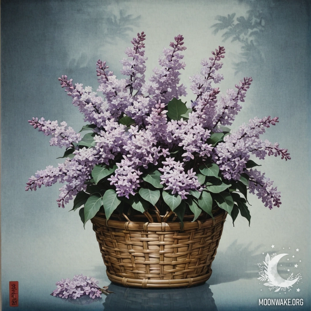 A serene arrangement of lilac flowers resting in a misty aquamarine basket.