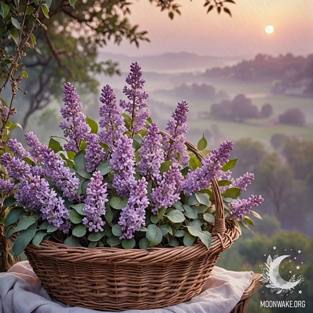 A watercolor painting of lilac flowers in a misty setting at sunset, placed in an olive-colored basket.