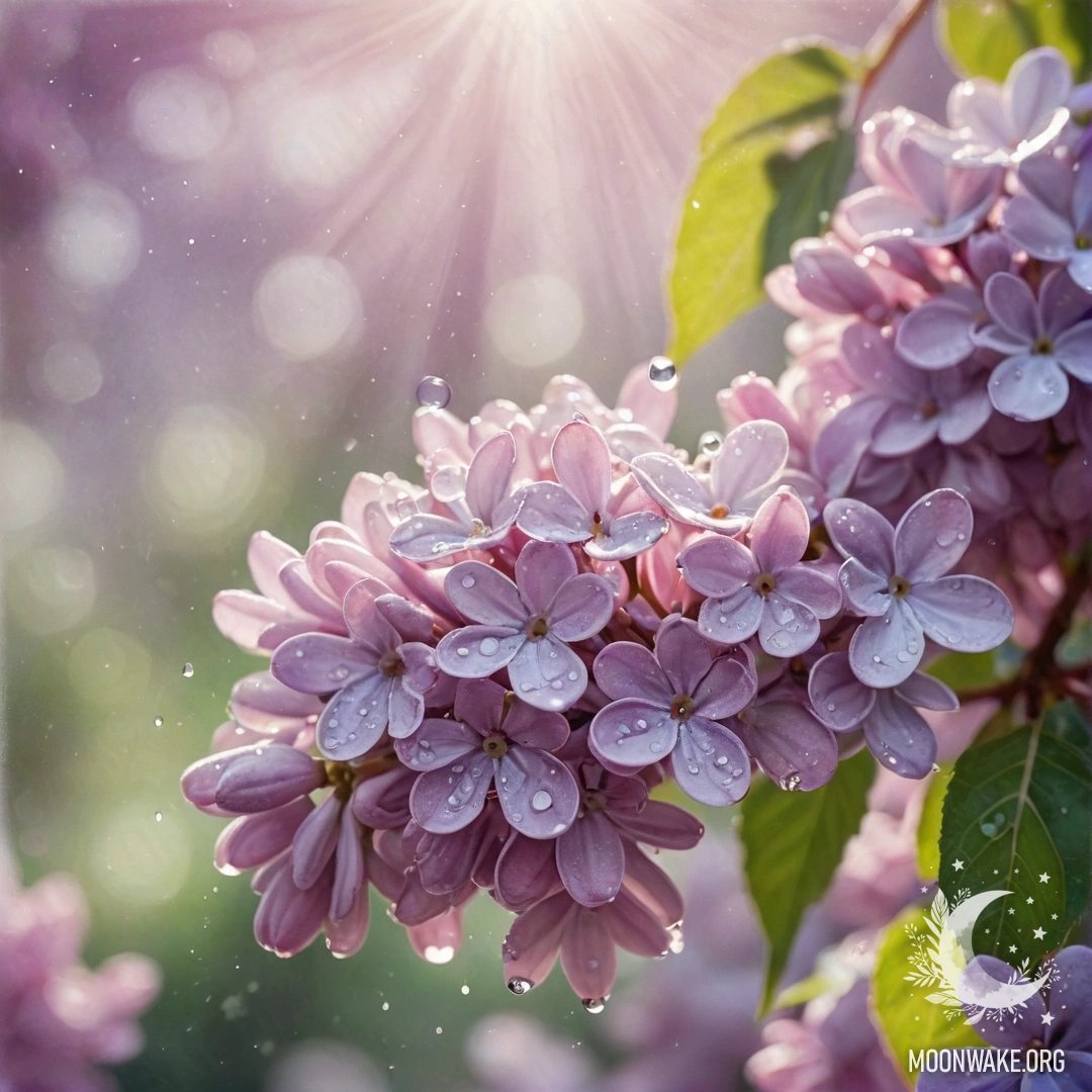 A beautiful watercolor painting of lilacs with dew drops, illuminated by sunny rays.