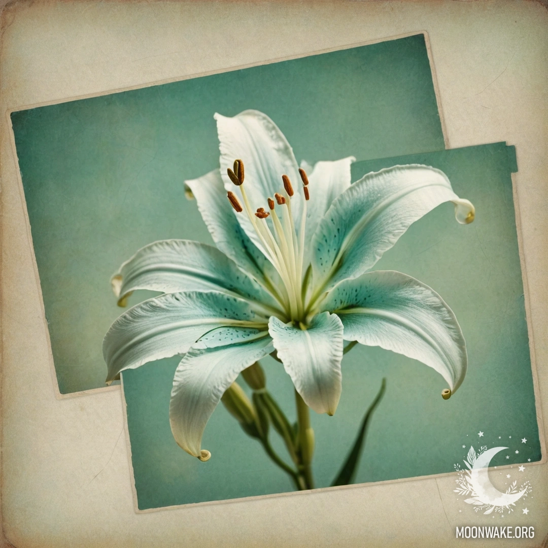 A serene lily surrounded by an aquamarine web-like background.
