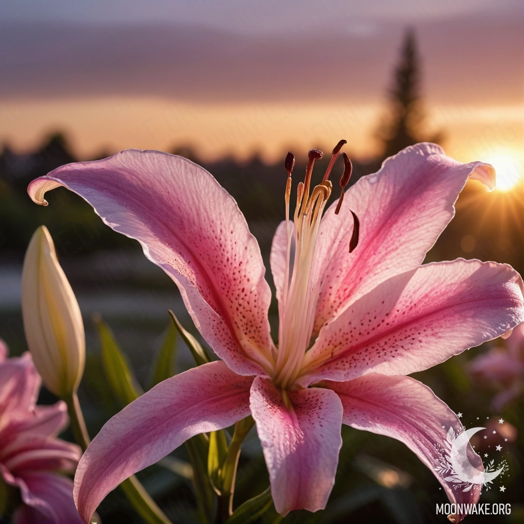A delicate lily surrounded by fuchsia patterns at sunset.