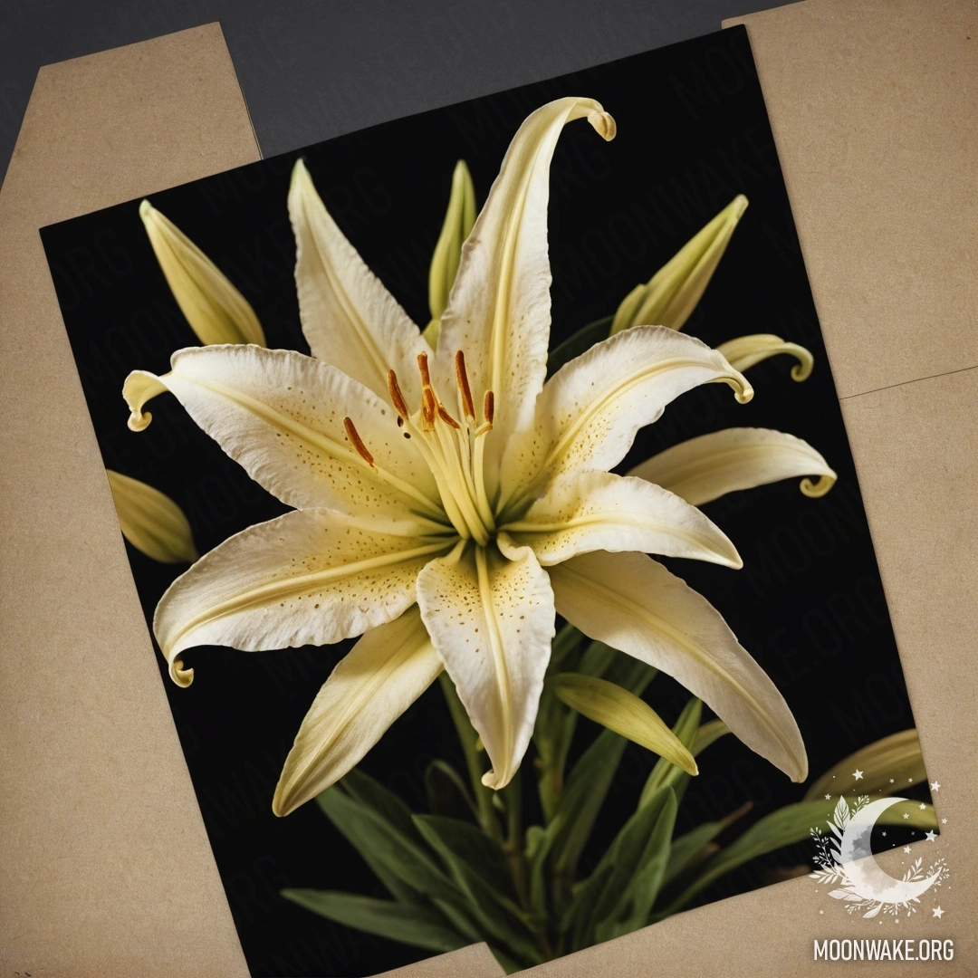 A serene bouquet of lilies adorned with a delicate web under the night sky, radiating vintage golden hues.