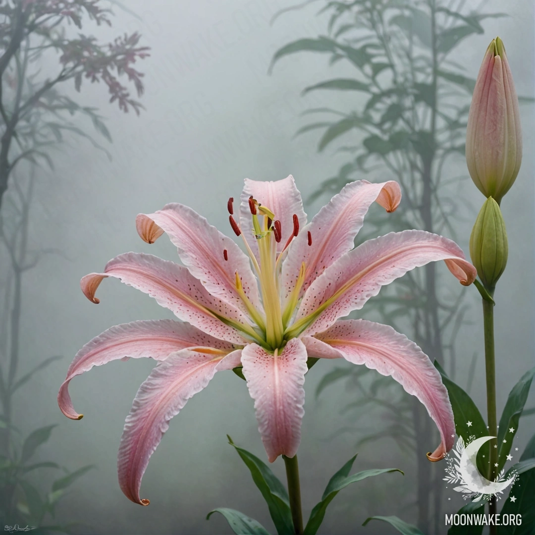 A serene lily surrounded by soft fog with a backdrop of red hues.