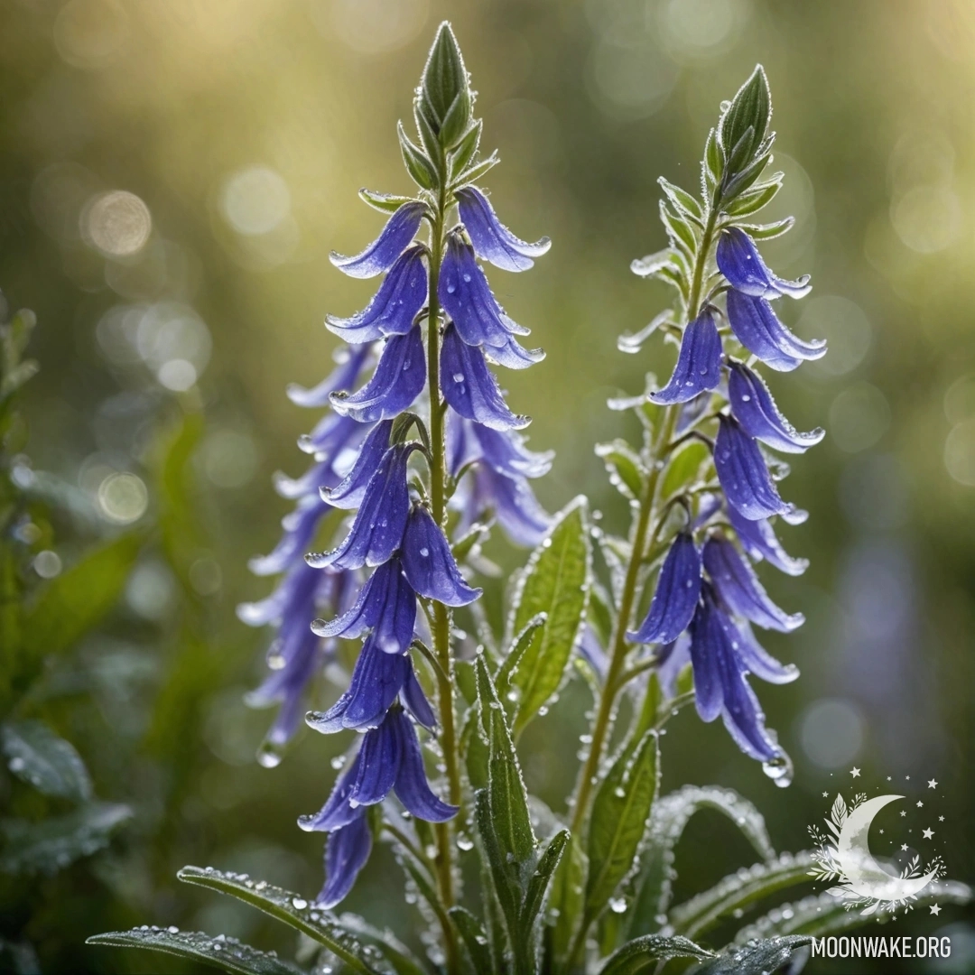 A bouquet of peaceful lobelia flowers adorned with dew drops, bathed in sunny rays.