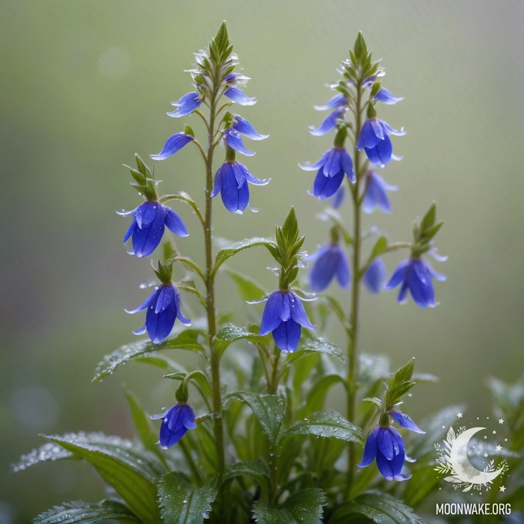Peaceful Lobelia in the Fog A serene scene of green lobelia surrounded by gentle fog and sparkling rhinestones, evoking tranquility.