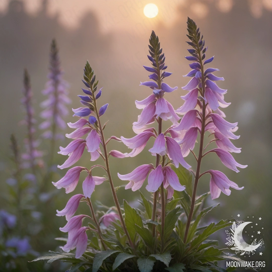 A serene bouquet of pink lobelia blossoms shrouded in mist during sunset.