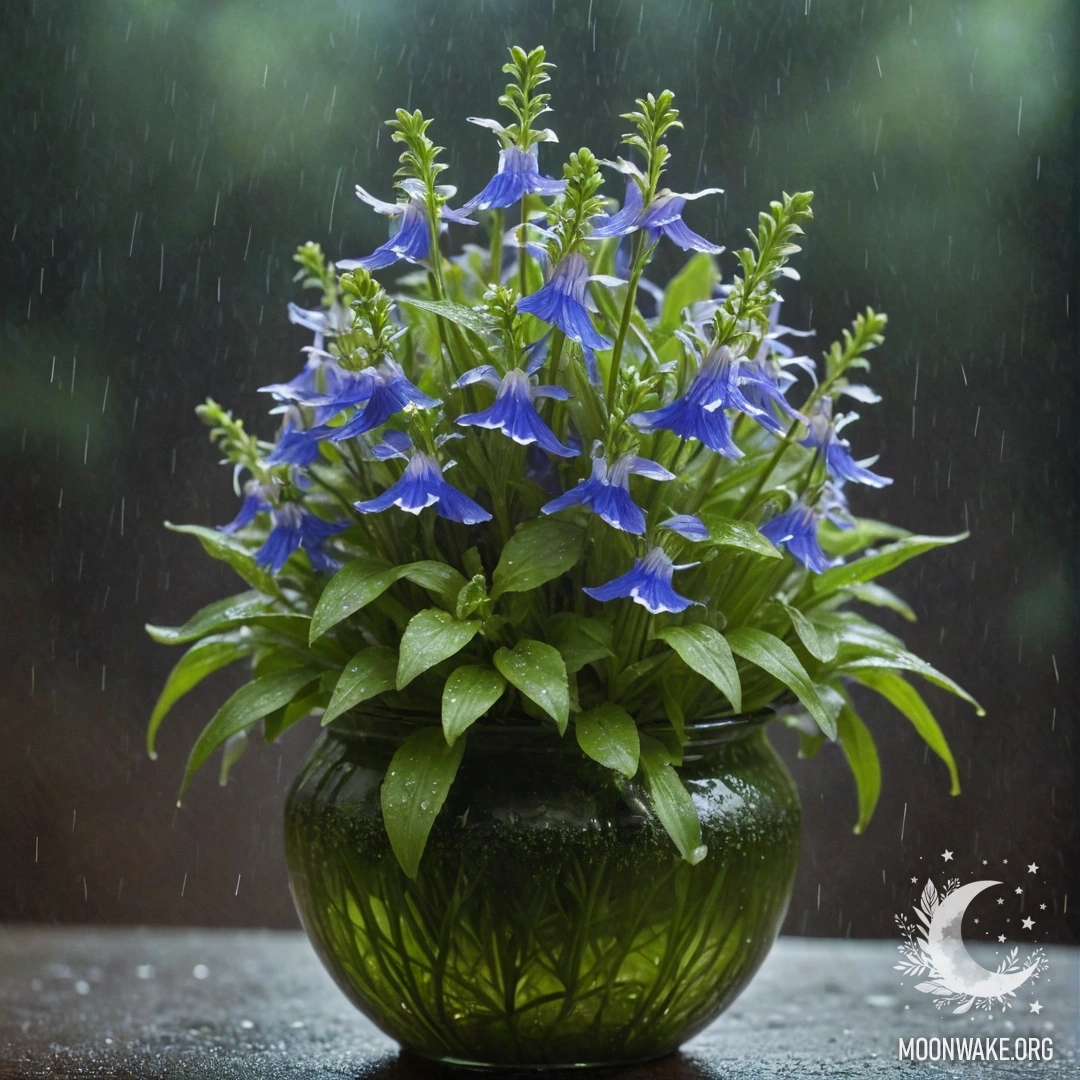 A vase with green lobelia surrounded by mist and rain at night.