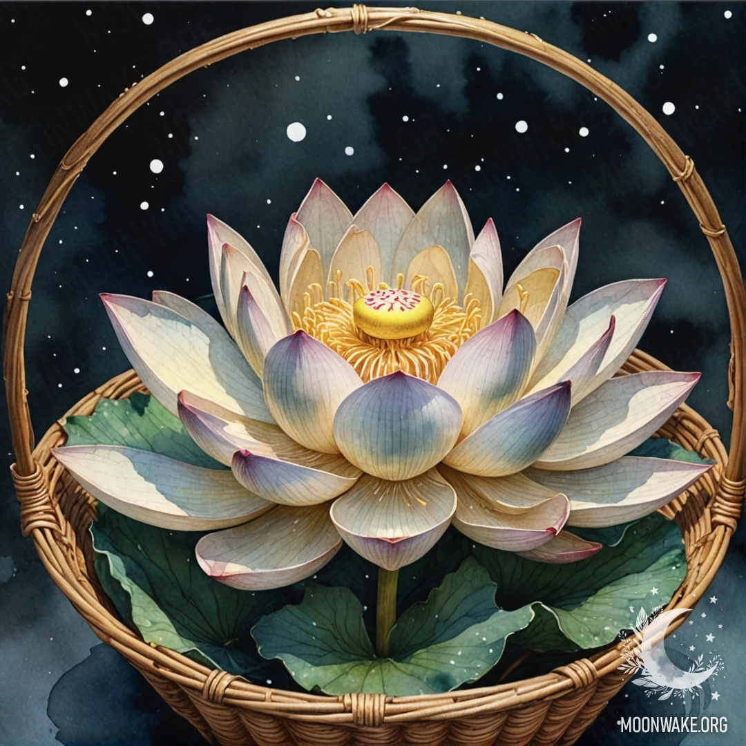 A serene golden-colored lotus with a web, nestled in a basket, under a night sky.