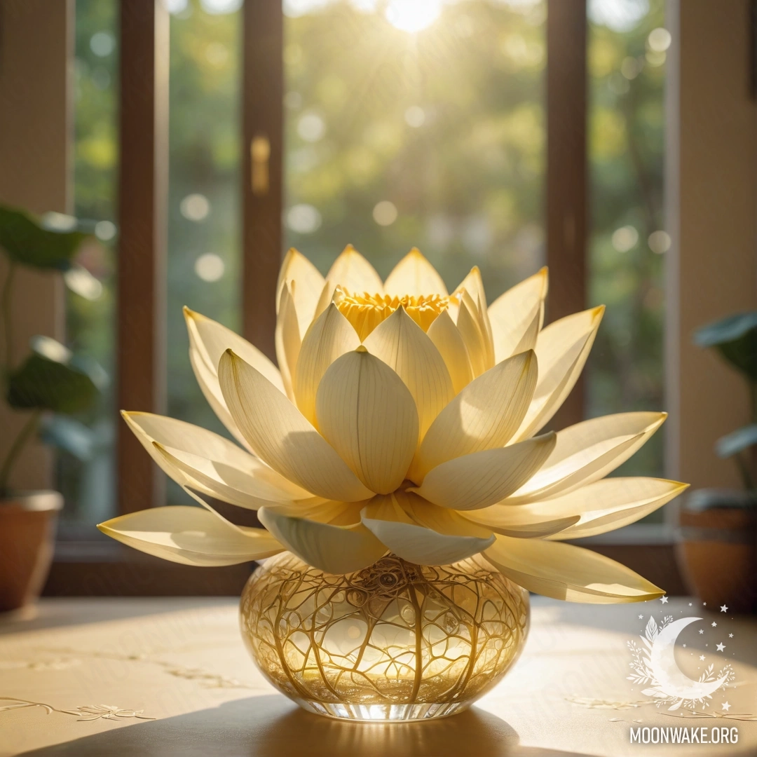 A peaceful lotus flower in a cream yellow vase, with a web and sunlight streaming in.
