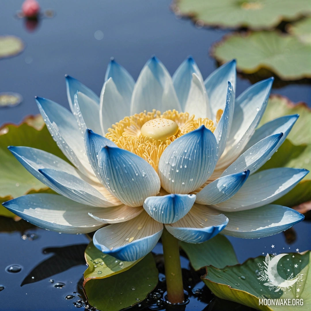 A serene lotus flower adorned with dew drops against a blue background, illuminated by sunny rays.