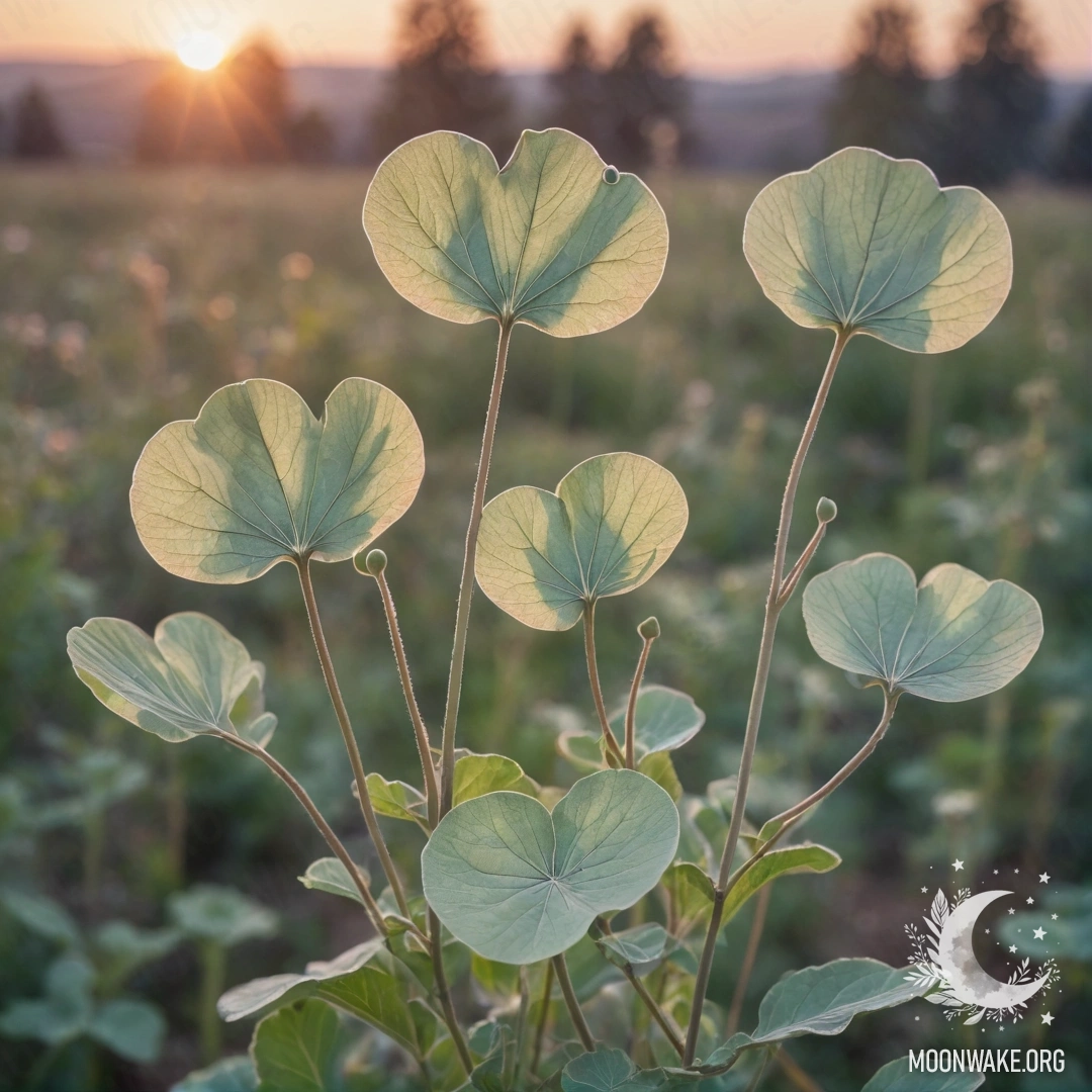 Peaceful Lunaria at Sunset A serene watercolor painting of lunaria flowers with a sage-colored sunset background.
