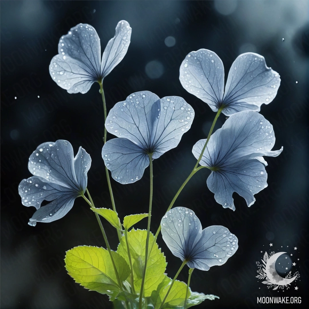 Peaceful Lunaria Bouquet in Misty Rain A serene bouquet of lunaria under misty rain at night, hues of sea and soft ink wash style.