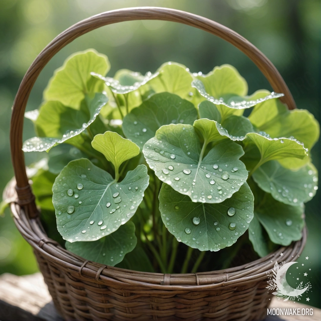 Peaceful Lunaria in a Basket A basket filled with green lunaria adorned with dew drops, bathed in sunny rays.