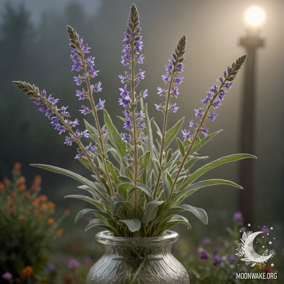 Peaceful Lunaria in Fog A serene scene featuring blue lunaria flowers surrounded by fog and sunlight.