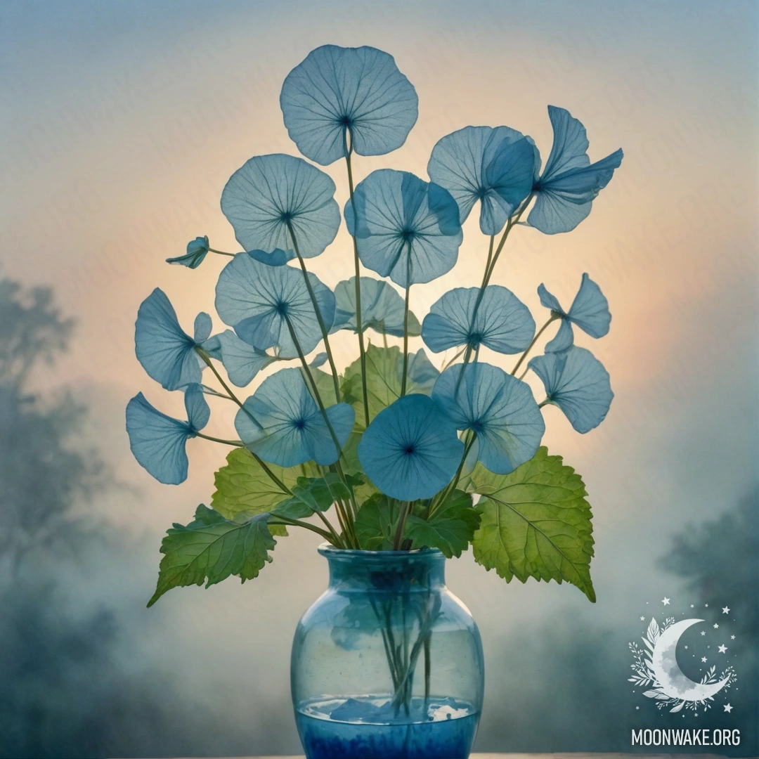 A watercolor painting of lunaria flowers in a greenish blue vase, enveloped in mist during sunset.