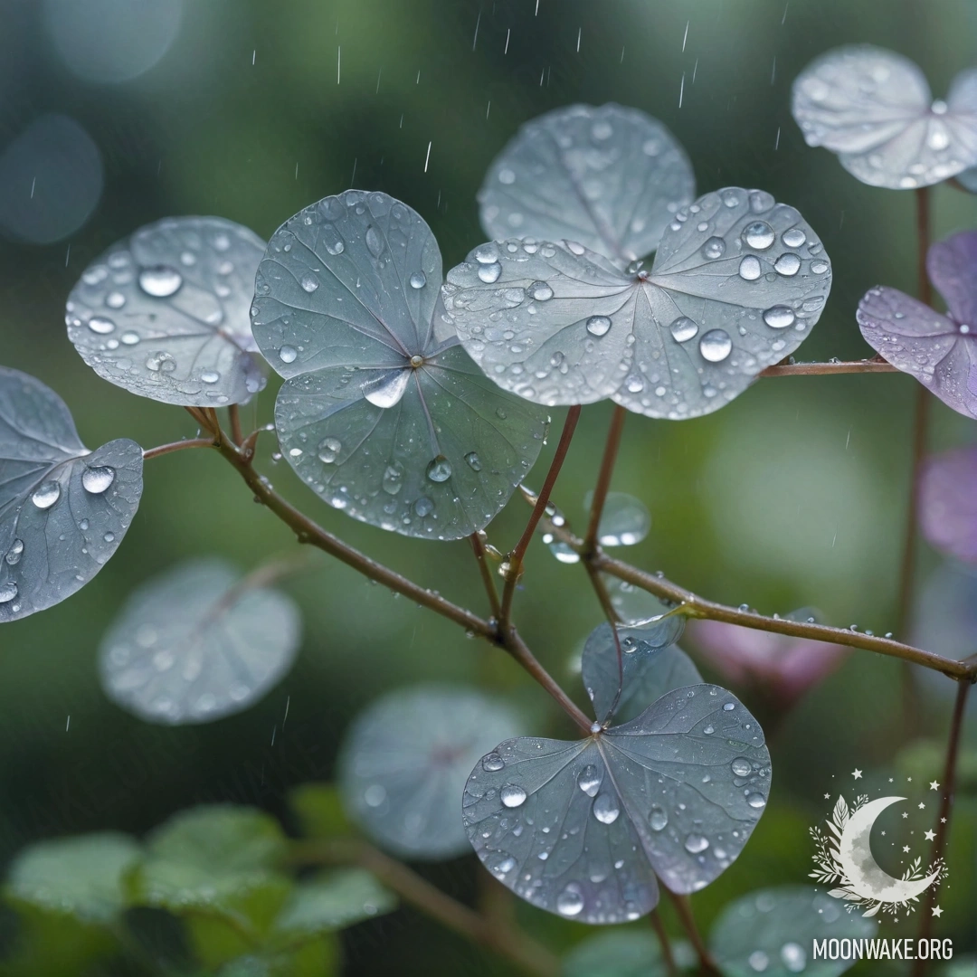 A serene depiction of lunaria plants adorned with rhinestones under rain.