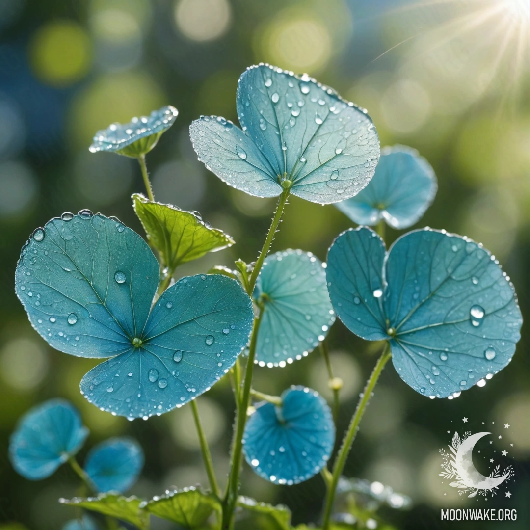 Peaceful Lunaria with Dew Drops A serene depiction of Lunaria leaves adorned with dew drops, bathed in soft sunlight.