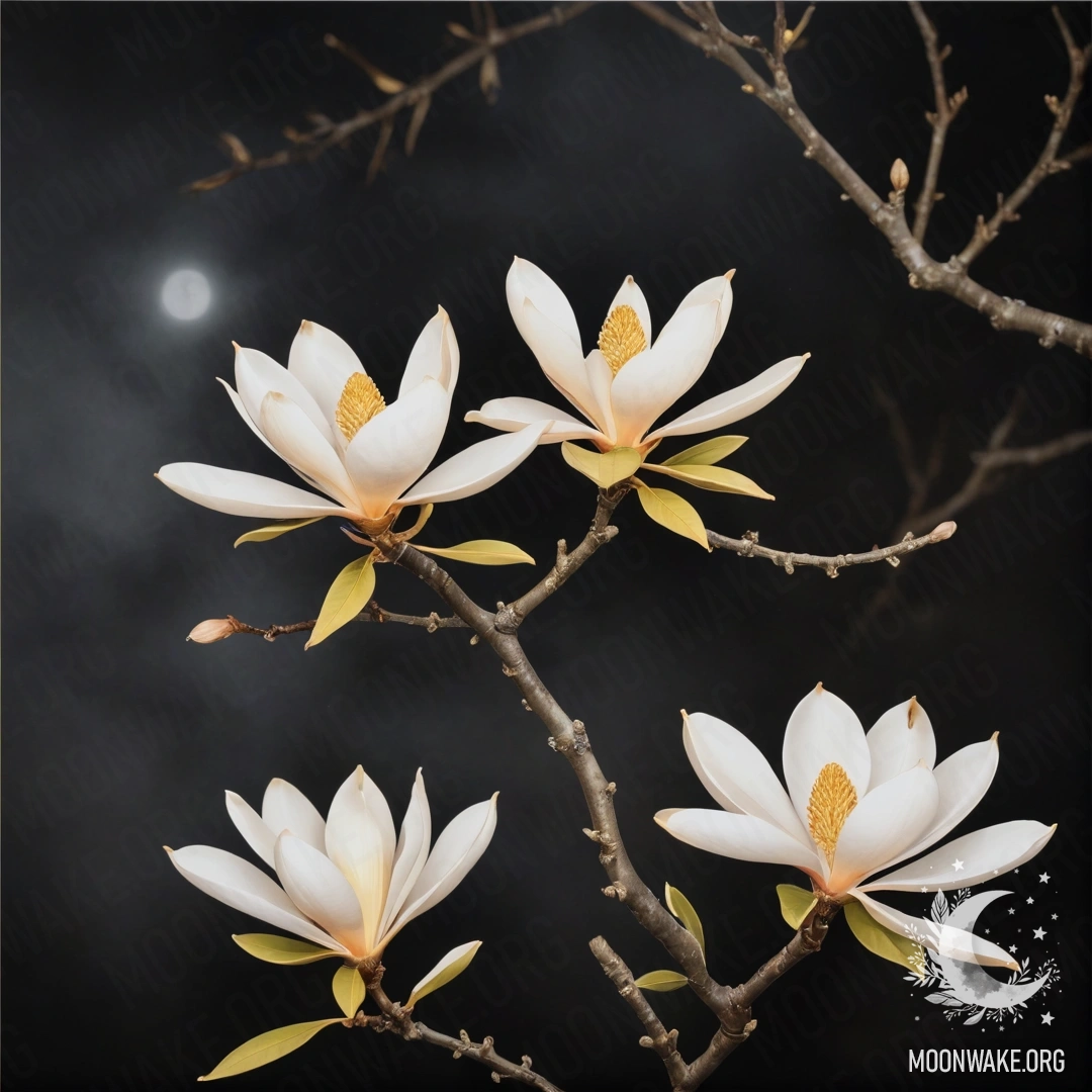 A peaceful magnolia tree in the fog at night, with golden patterns.