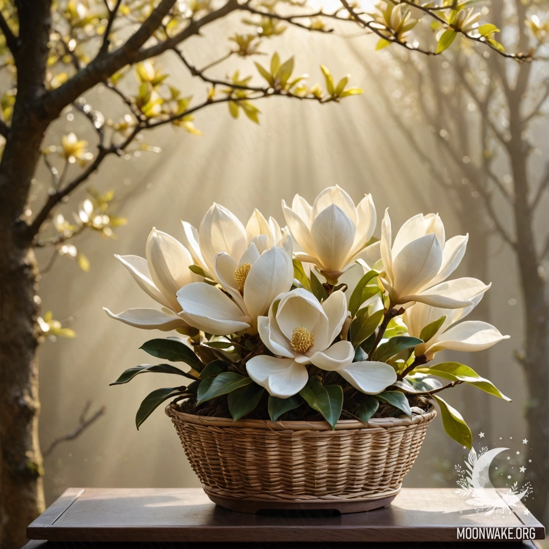 A serene magnolia flower in a misty atmosphere with sunlight