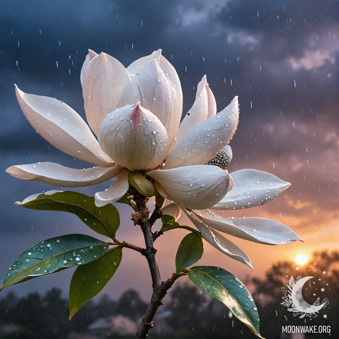 A serene magnolia flower adorned with rhinestones, glistening in the rain during sunset with a blue palette.