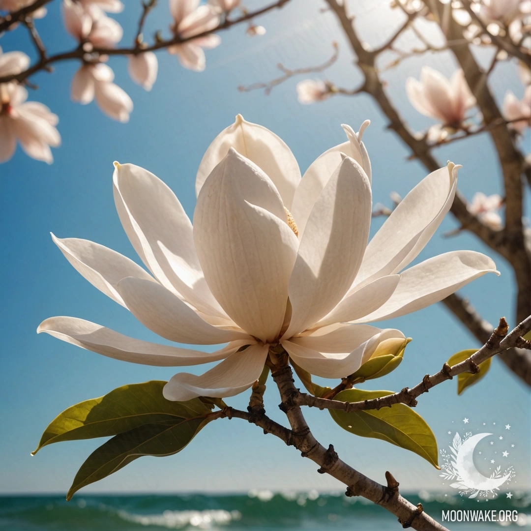 A peaceful magnolia tree with sunny rays shining in the background, colored like sea waves.