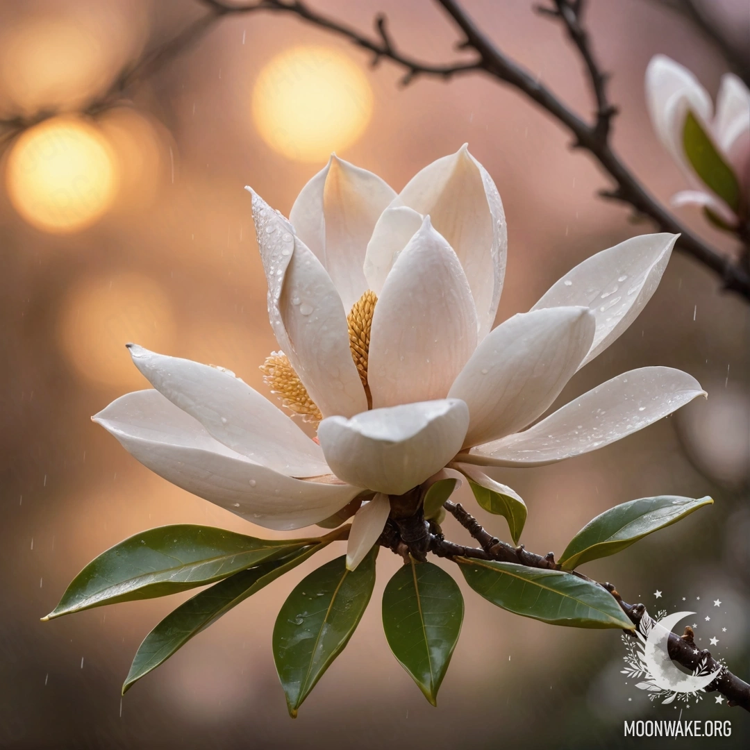 A magnolia tree in a gentle rain with a golden sunset backdrop.