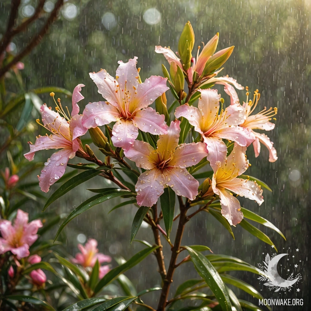 A soft pink magnolia with raindrops in a basket, illuminated by sunlight.