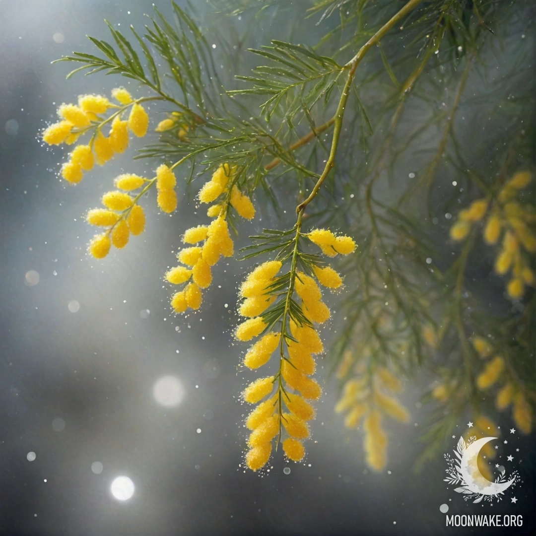 A serene watercolor painting of mimosa in fog at night, with glittering pastel colors.