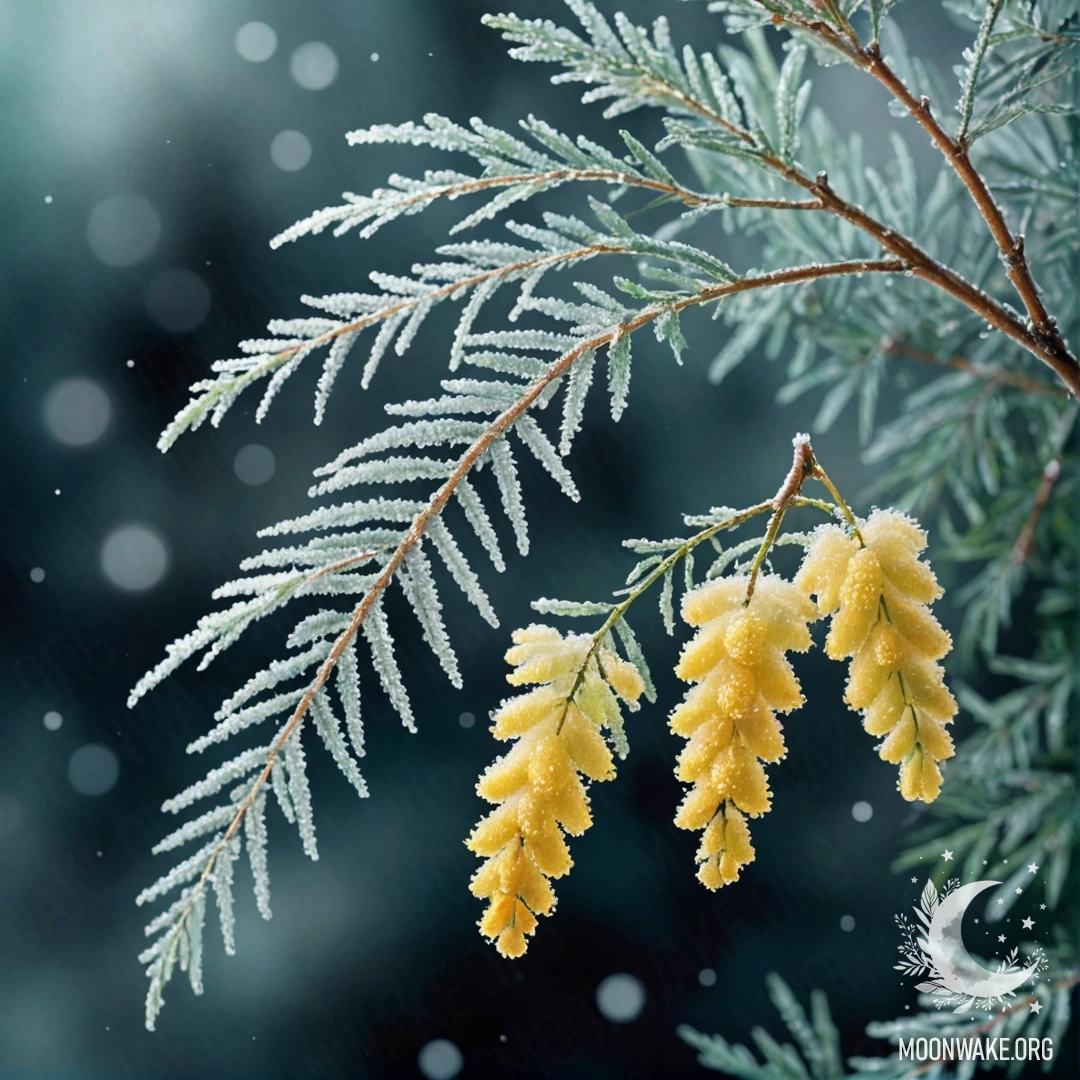 A serene mimosa flower covered in frost under the night sky, shimmering with glitter.