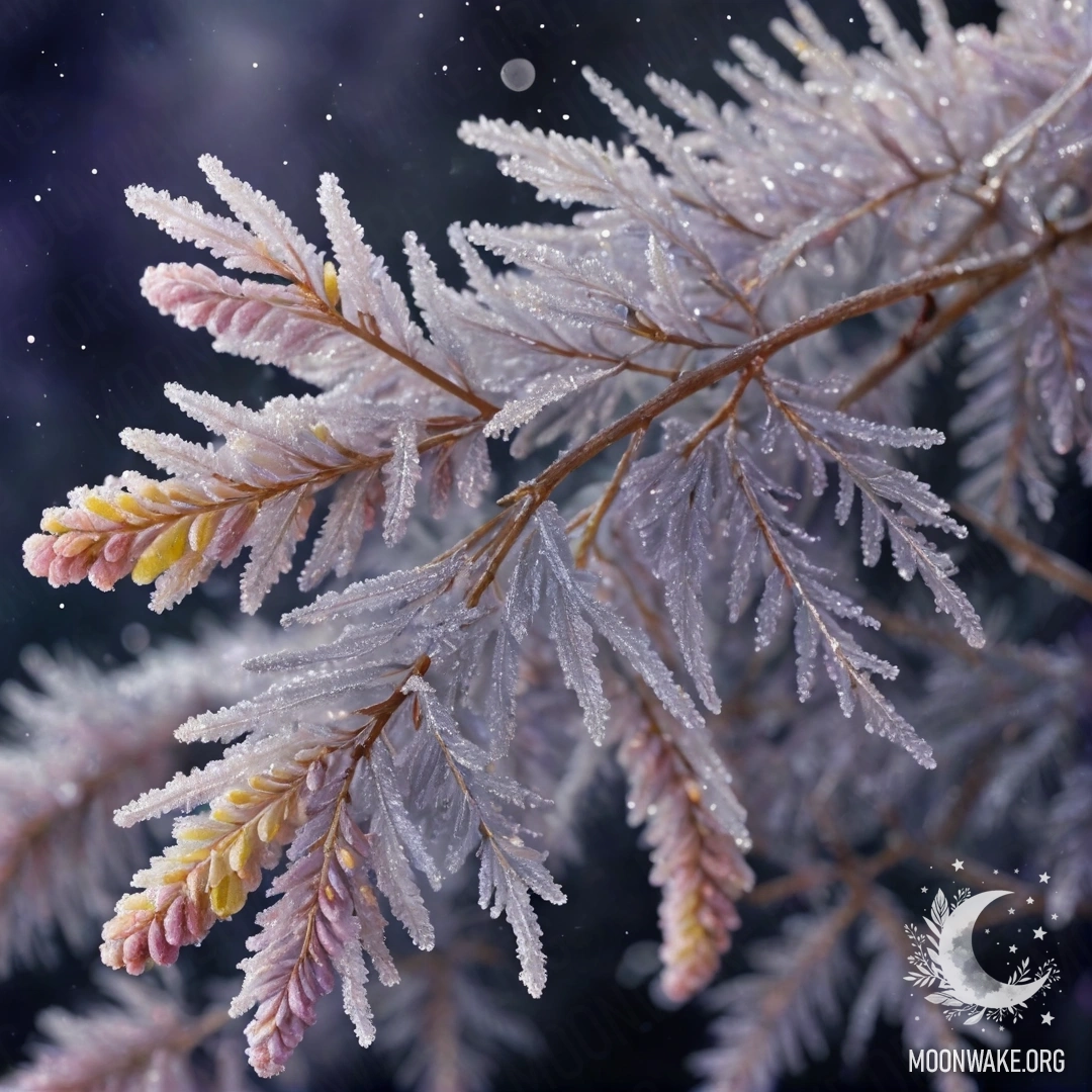 Serene Mimosa in Frosty Night A peaceful lavender mimosa surrounded by frost at night with glittering effects.