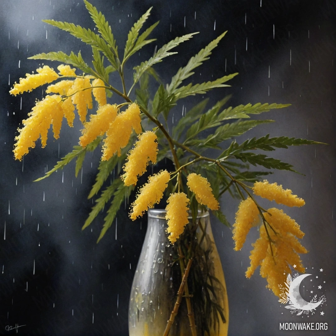 A golden vase holding a mimosa flower in misty rain at night.