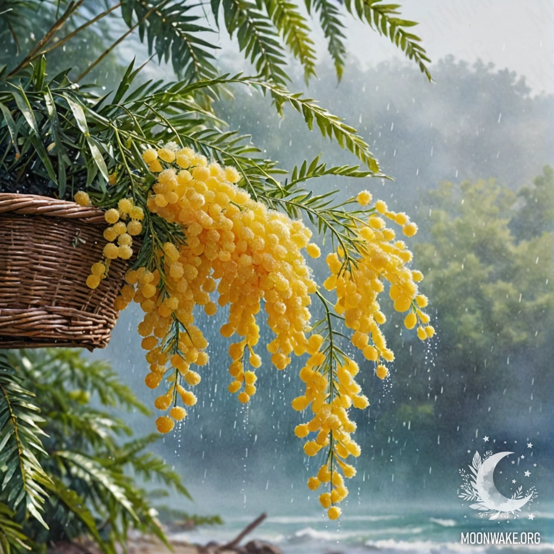 A peaceful scene featuring mimosa in a rain-soaked basket under mist with sunlight peeking through, evoking calmness and serenity.
