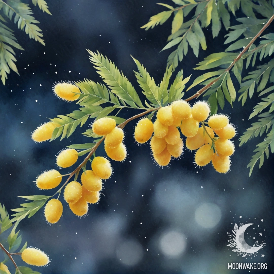 A serene watercolor painting of mimosa flowers against a pastel night background.