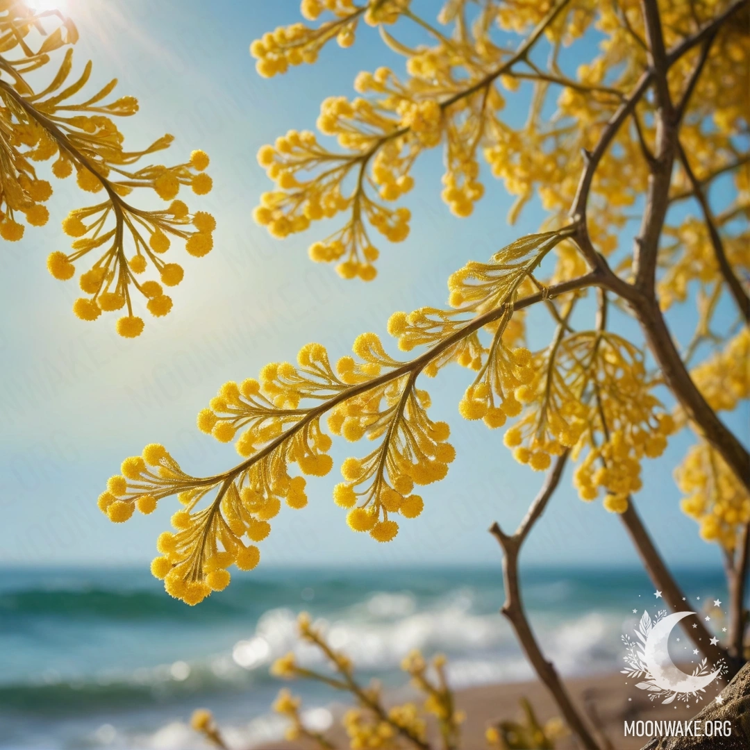 Peaceful Mimosa with Radiant Rays A serene mimosa flower with rays of sunlight and rhinestones, resembling the color of sea waves.