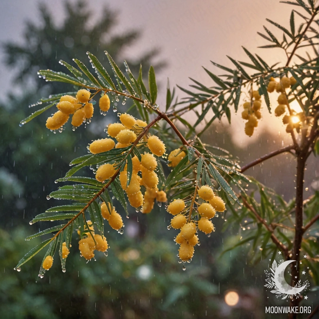 A pastel-colored mimosa blooming under gentle rain at sunset, adorned with shimmering sequins.